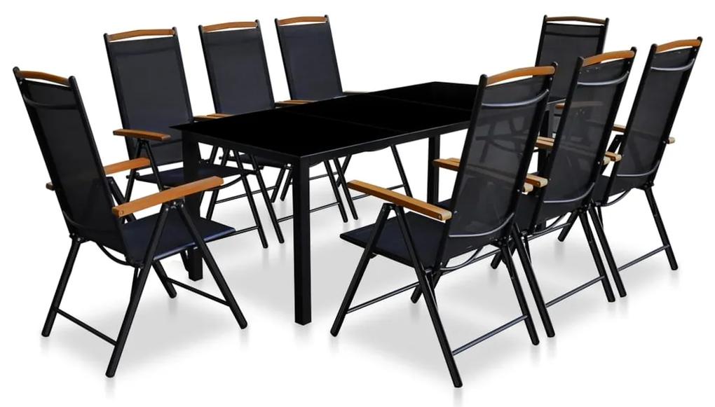 vidaXL 9-dielna vonkajšia jedálenská súprava so skladacími stoličkami čierna hliníková