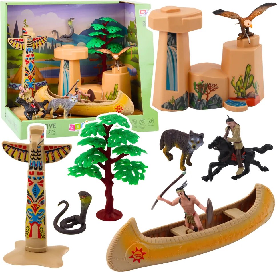 LEAN Toys Sada figúrok z indiánskej dediny Indiánsky kanoe Totem