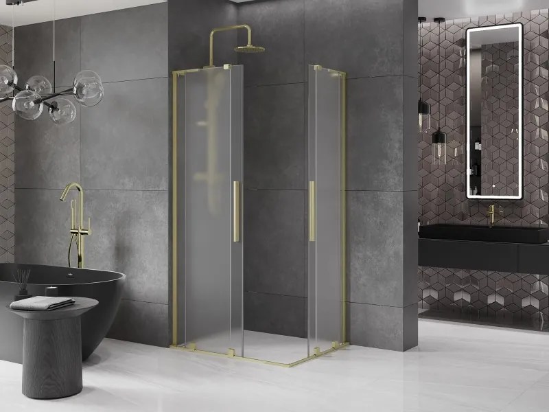 Mexen Velar L Duo, sprchový kút s posuvnými dverami 100 x 90 cm, 8mm sklo námraza, zlatá matná, 871-100-090-02-33-55