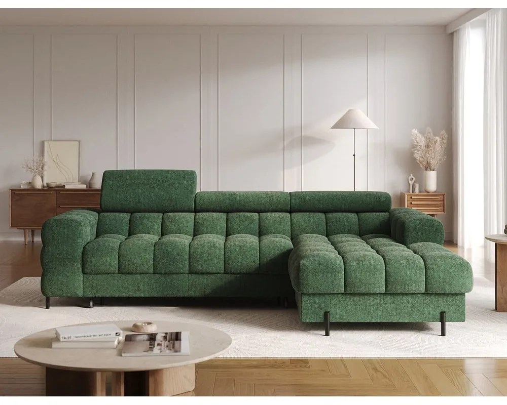 Zelená rozkladacia/s úložným priestorom rohová pohovka z textílie buklé (pravý roh/s leňoškou) Felro – ELTAP