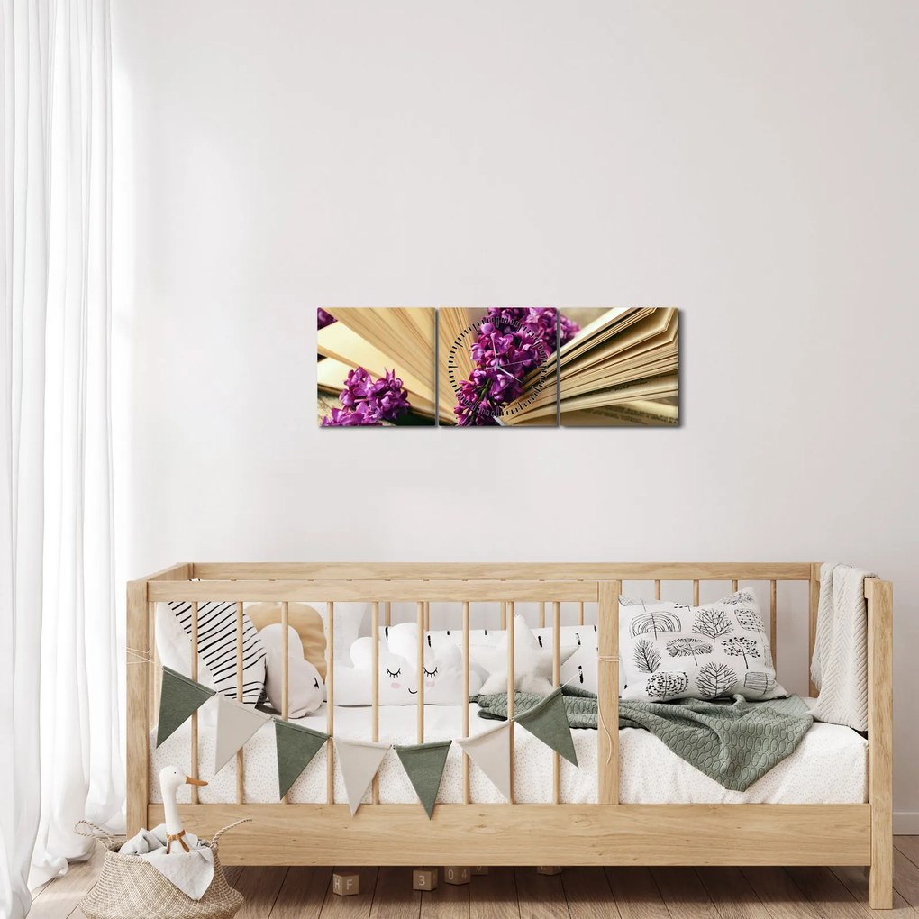 Obraz knihy s levanduľou (s hodinami) (90x30 cm)
