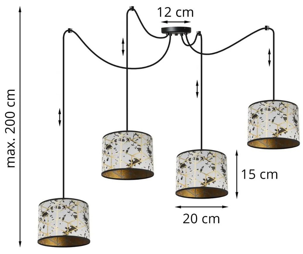 Závesné svietidlo WERONA SPIDER, 4x biele textilné tienidlo so vzorom