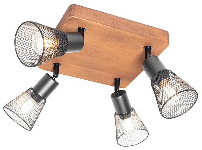 Priemyselné bodové svetlo čierne s drevom 4-svetlo - Kristina