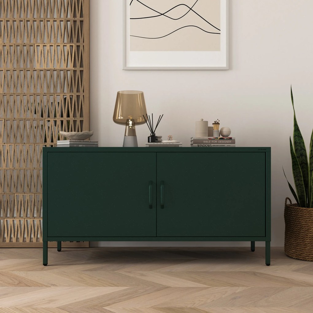 TV skrinka kovová na nožičkách fľaškovo zelená, 1150x595x400 mm: ROSA Modern