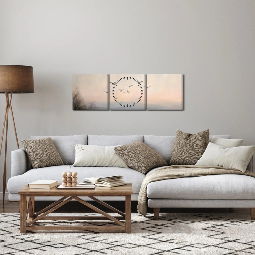 Obraz - Hejno vtákov (s hodinami) (90x30 cm)