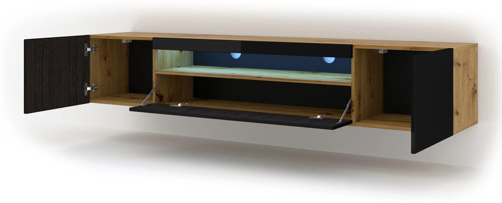 TV stolík/skrinka Aurora 200 (dub artisan + čierna) (LED). Akcia -21%. Vlastná spoľahlivá doprava až k Vám domov. 1057702
