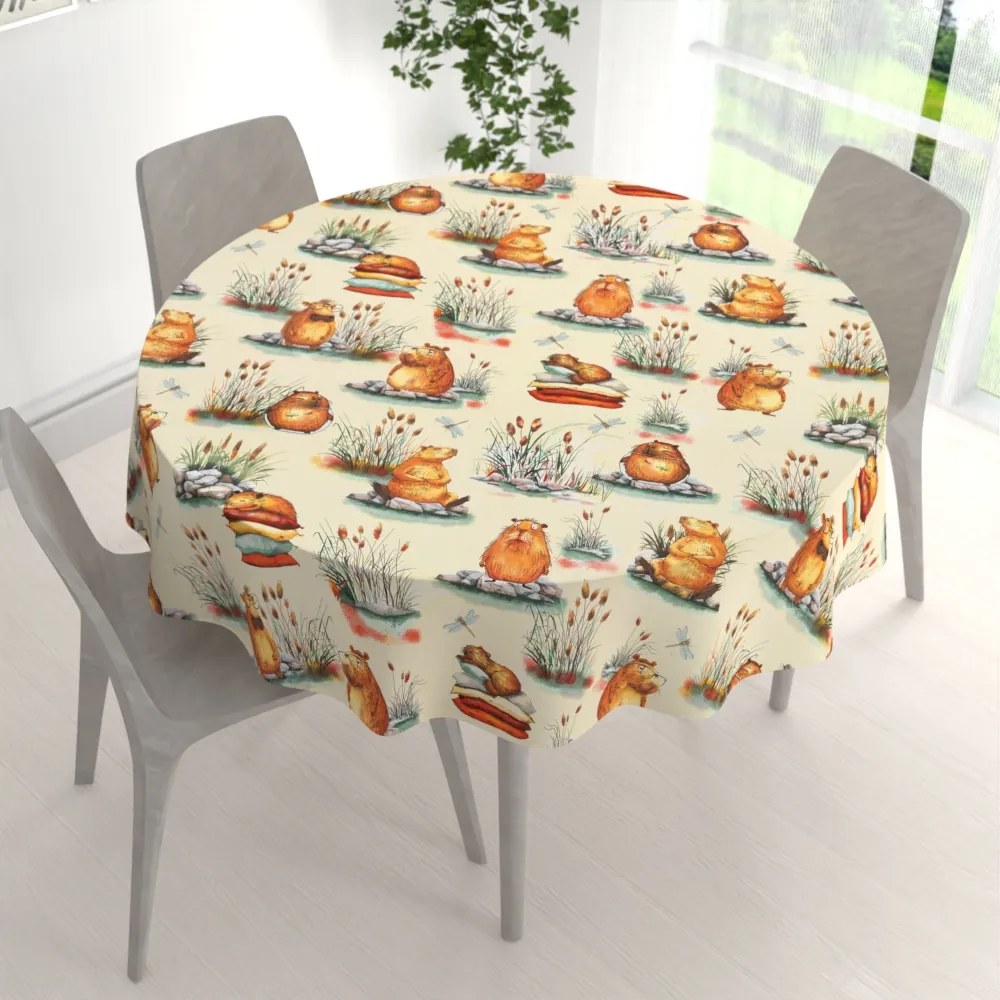 Biante Detský bavlnený okrúhly obrus Sandra SA-710 Kapybary na krémovom Ø 110 cm