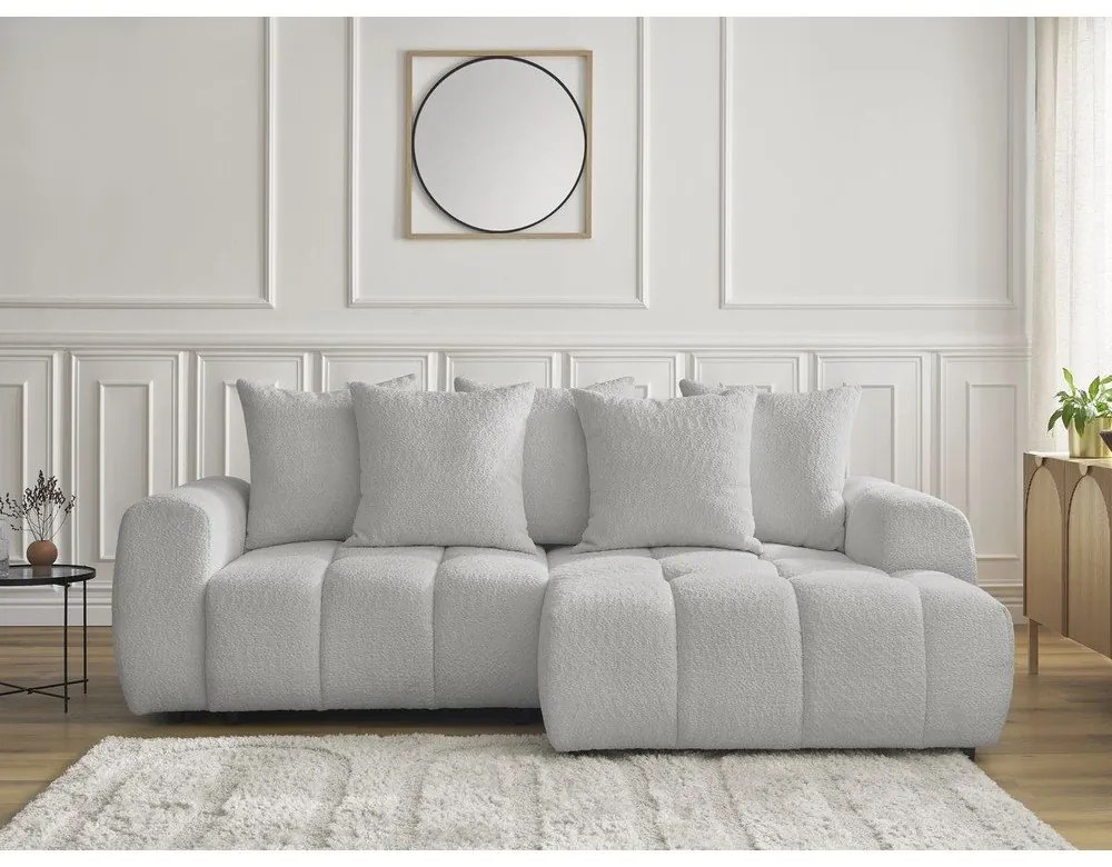 Svetlosivá rozkladacia/s úložným priestorom rohová pohovka z textílie buklé (pravý roh/s leňoškou) Roxelane – Bobochic Paris