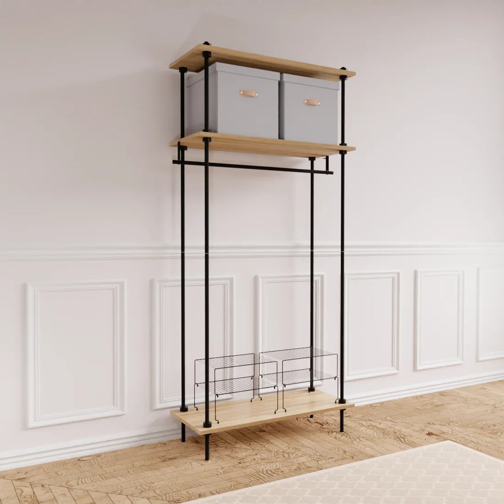 Otvorená šatníková skriňa v industriálnom dizajne DECO a sivým príslušenstvom, 185x85x35 cm