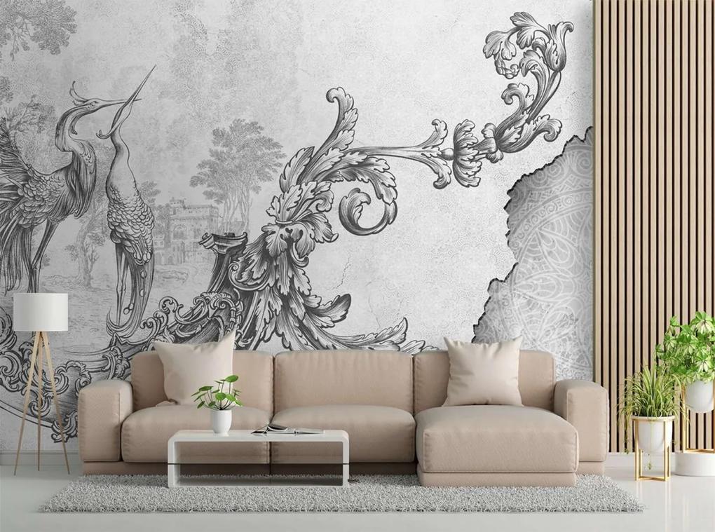 Fototapeta, Divocí ptáci a listy na orientální fresce černobíle - 200x140 cm