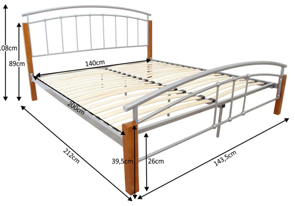 Kondela Posteľ, drevo jelša/strieborný kov, 140x200, MIRELA