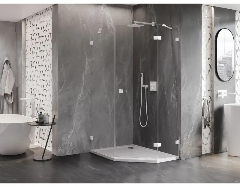 Mexen Lunar, pravý výklopný päťuholníkový sprchový kút 90 x 100 cm, 8mm číre sklo, biely profil, 831-090P-100L-20-00-P