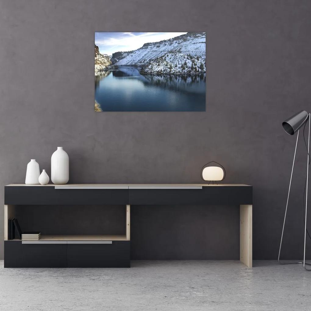 Sklenený obraz - zimná krajina s jazerom (70x50 cm)