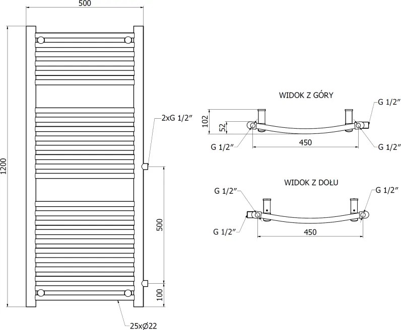 Mexen Ares, vykurovacie teleso 1200 x 500 mm, 531 W, bočné pravé a spodné pripojenie, čierna, W102-1200-500-00-70-S