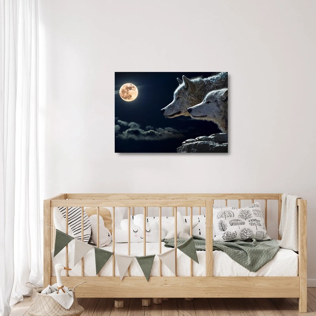 Sklenený obraz vlkov vyjúcich na mesiac (70x50 cm)