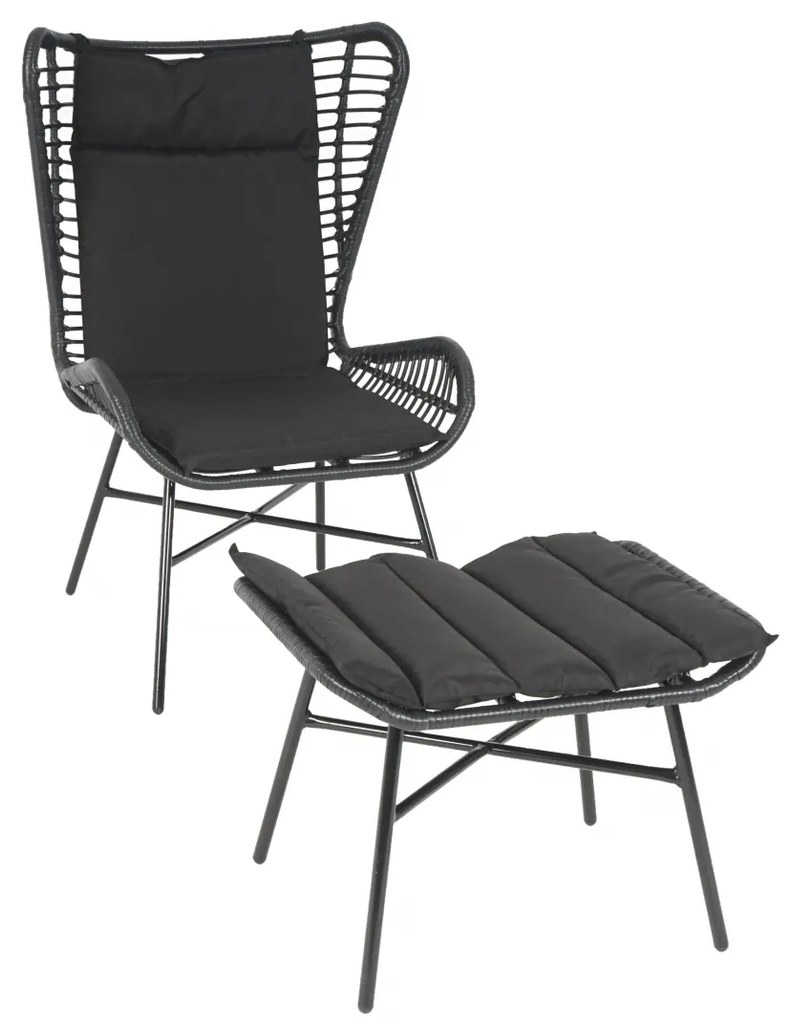 Kreslo s podnožkou HWC-G17b, polyratan - antracit, vankúš antracit