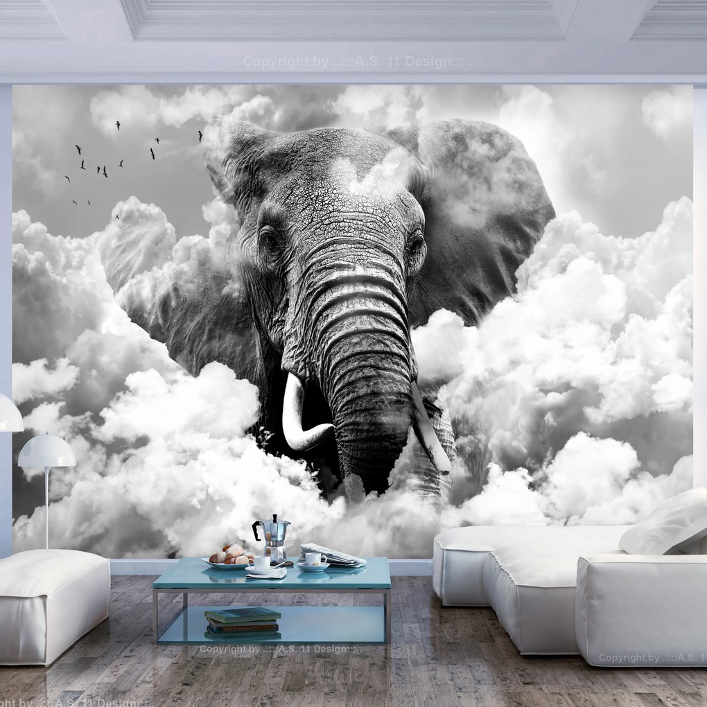 Artgeist Fototapeta - Elephant in the Clouds (Black and White) Veľkosť: 100x70, Verzia: Standard