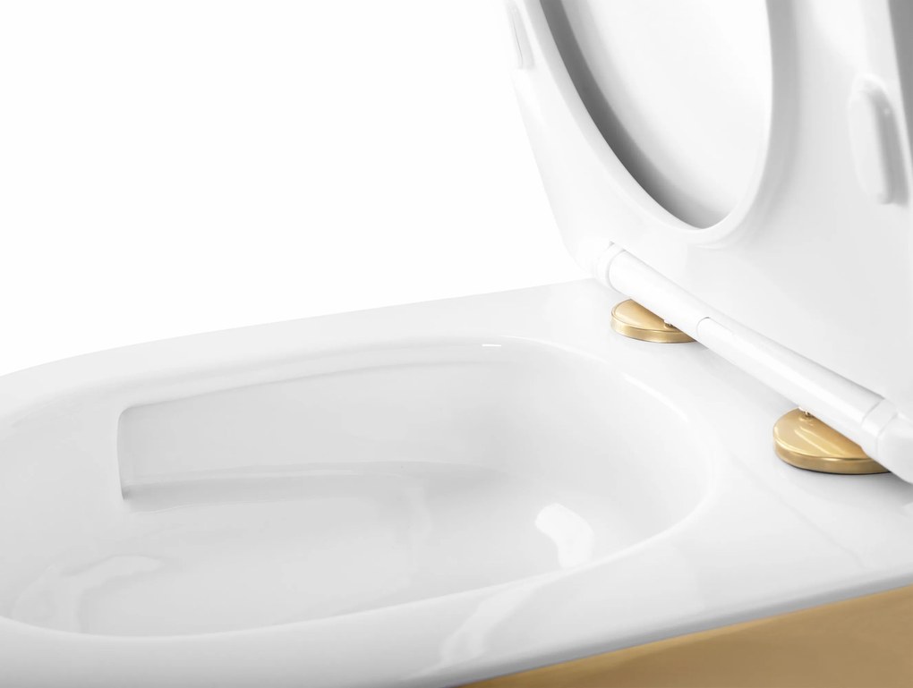 Rea Carlo Mini Tornado, závesná WC misa 490x355x350mm + toaletné sedadlo, biela-zlatá, REA-C6006