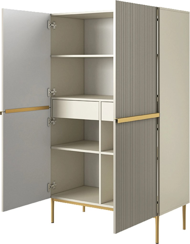 Vysoká komoda Nicole 100 cm s dvoma dverami a ryhovaným čelom - kasmír / zlaté nohy