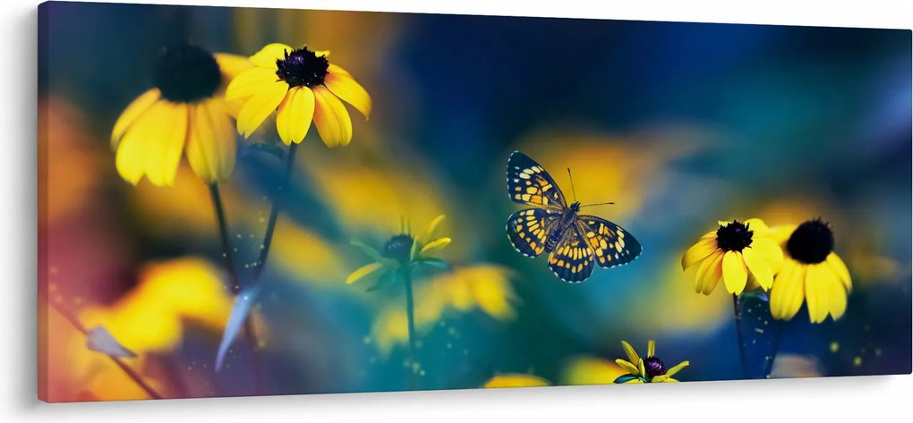 Obraz - Žltý motýľ s kvetmi (120x50 cm)
