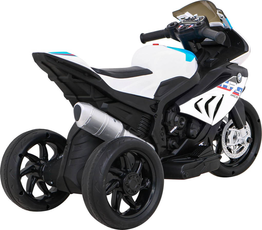 Ramiz BMW HP4 Detský motocykel na batérie biely + 3 kolieska + LED + MP3 USB + ekokoža