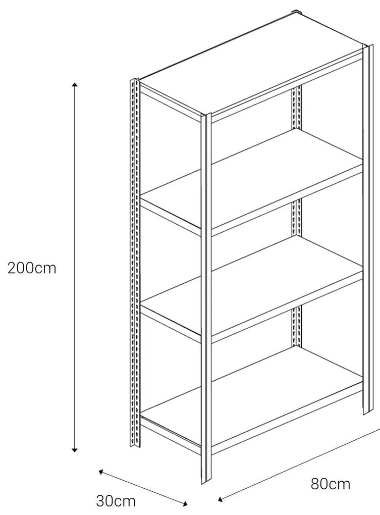 Bezskrutkový kovový regál 200x80x30cm T profil, 4 police