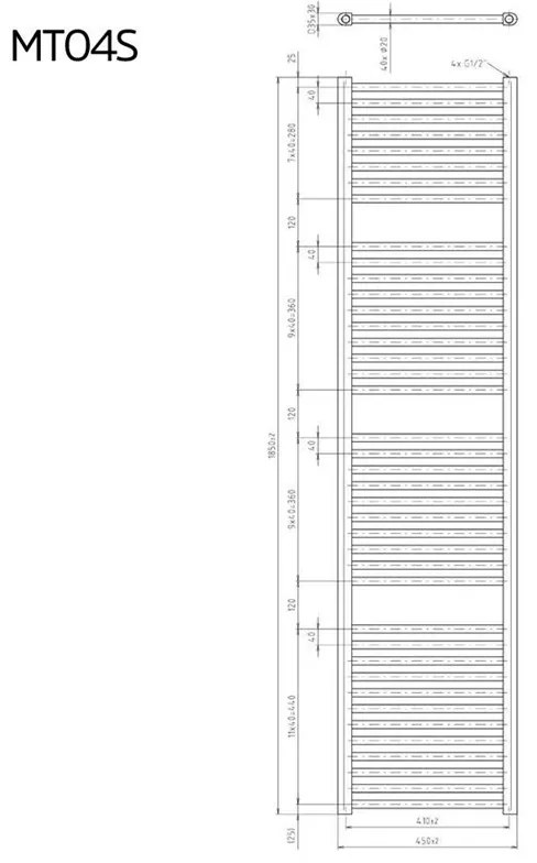 Mereo, Vykurovací rebrík 600x1330 mm, rovný, biely, stredové pripojenie, MER-MT12S
