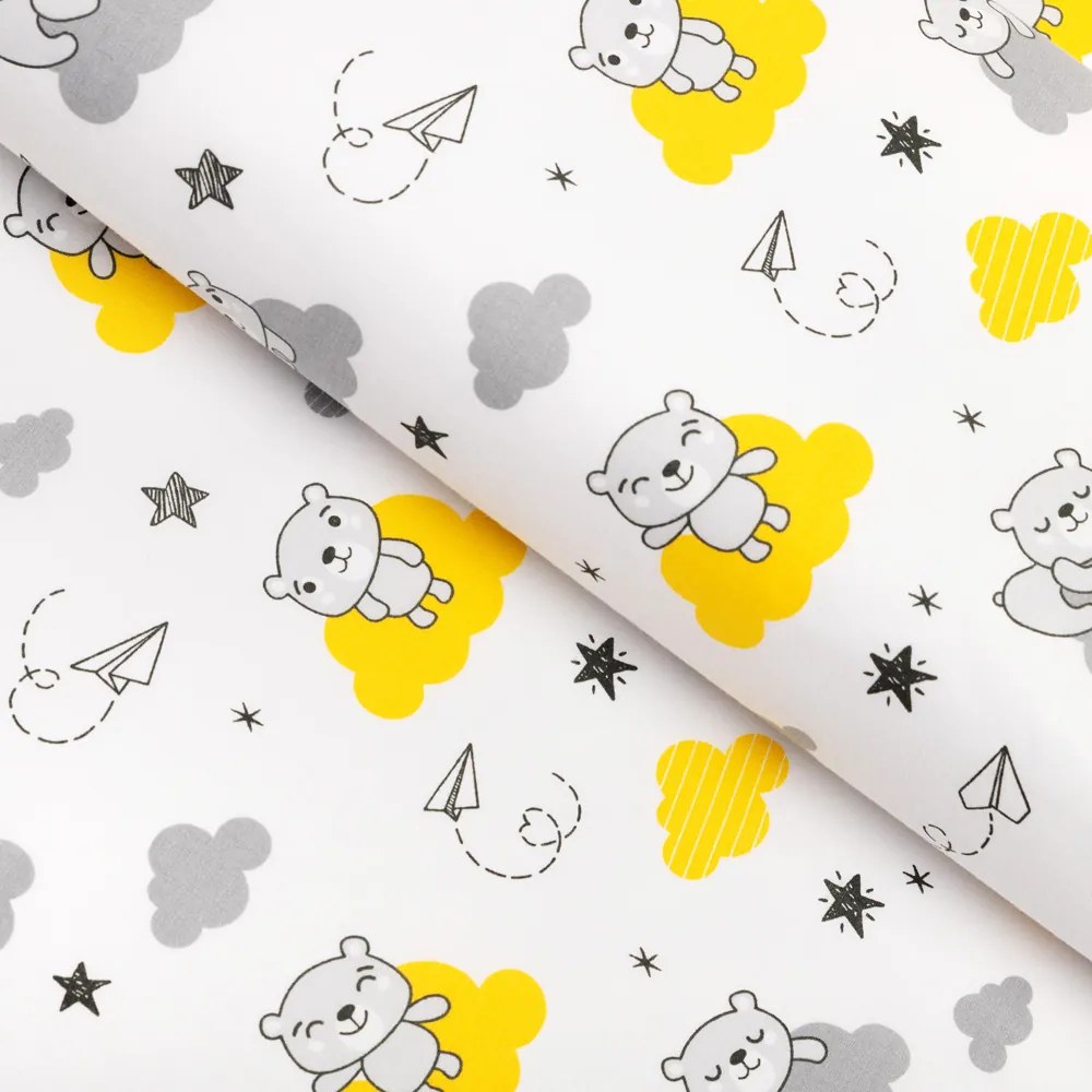 Biante Detský bavlnený okrúhly obrus Sandra SA-725 Medvedíky na žlto-sivých obláčikoch na bielom Ø 100 cm