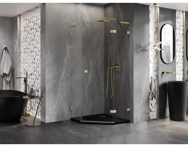 Mexen Lunar, L pravý výklopný päťuholníkový sprchový kút 80 x 80 cm, 8mm číre sklo, zlatý matný profil, 831L-080P-080L-55-00-P