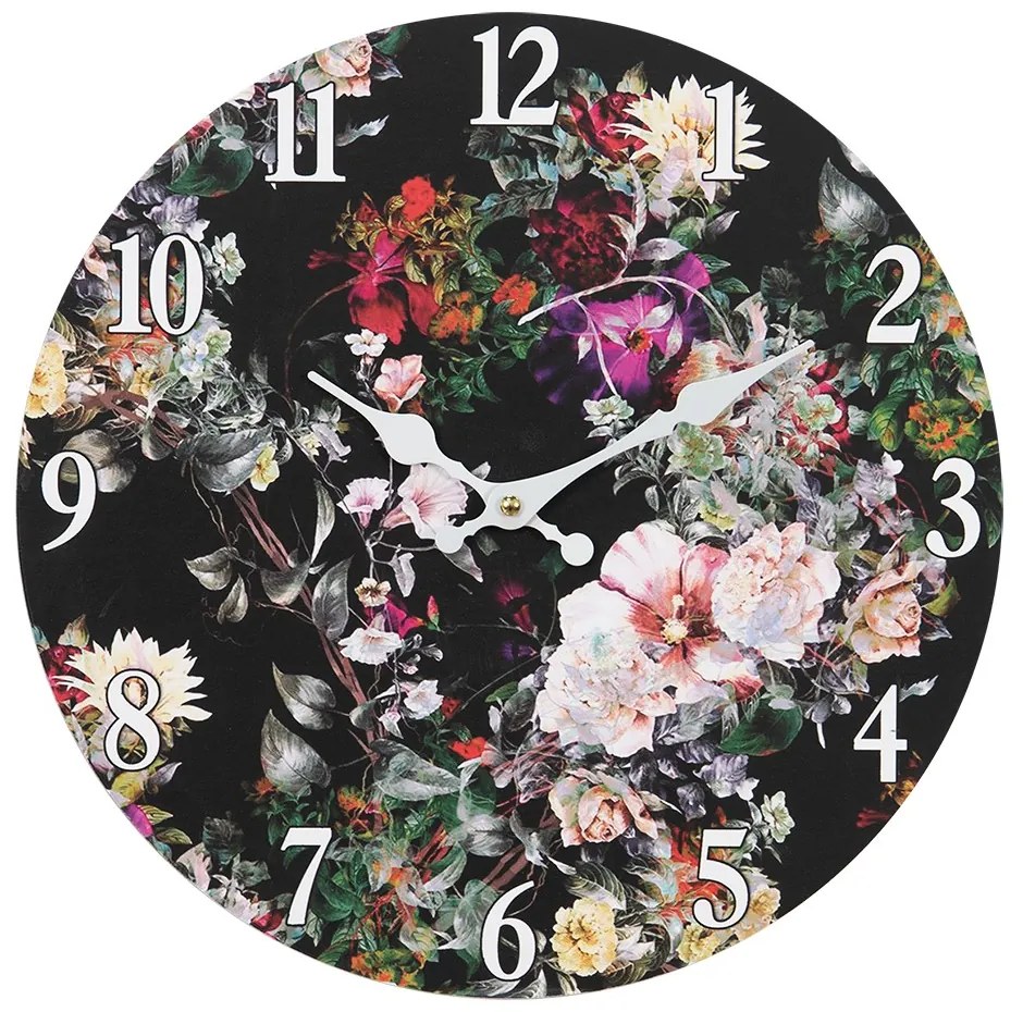 Čierne nástenné vintage hodiny s kvetmi I – Ø 34*4 cm / 1*AA