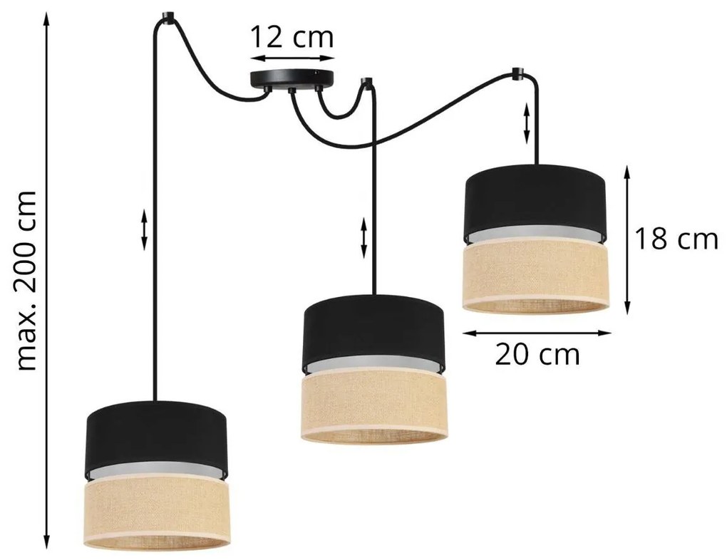Závesné svietidlo JUTA SPIDER, 3x jutové/čierne textilné tienidlo, B