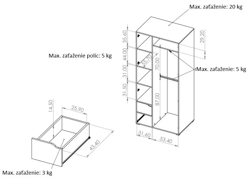 Šatníková skriňa Iweta SZ2D (grafit + biela matná + dub artisan). Vlastná spoľahlivá doprava až k Vám domov. 1051771