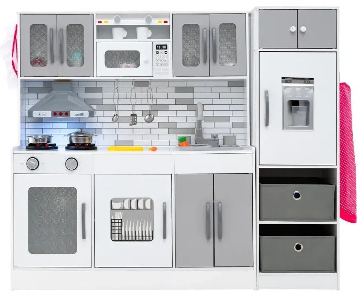 Drevená kuchynská súprava so svetlom a zvukom, veľká modulárna herná kuchynka a chladnička, sivá