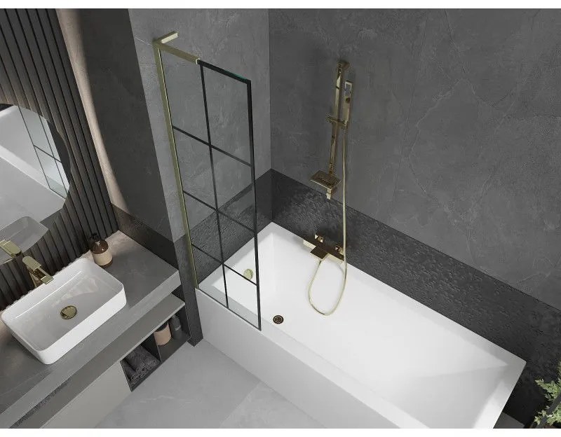 Mexen Next L, 1-krídlová vaňová zástena 50 x 150 cm, 6mm číre sklo-čierny vzor, zlatý matný profil, 895-050-000-03-77-55