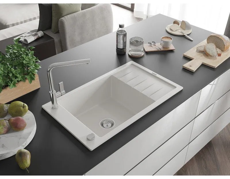 Mexen Elias, 1-komorový granitový drez 795x480x200 mm a drezová batéria Flora, biela, 6511-20-670401-00