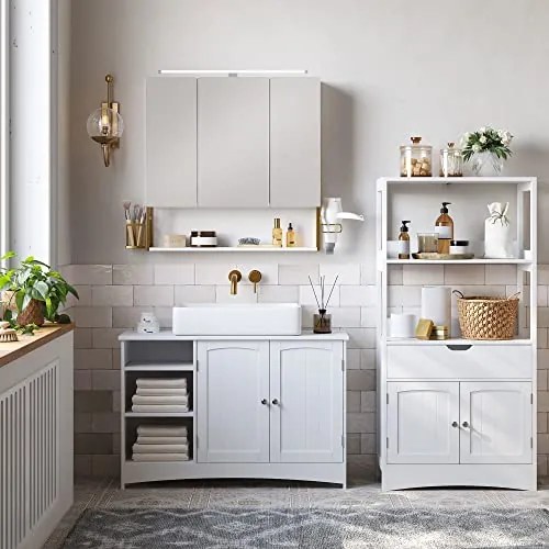 Zrkadlová skrinka do kúpeľne Nástenná skrinka s LED svetlom, biela a zlatá farba