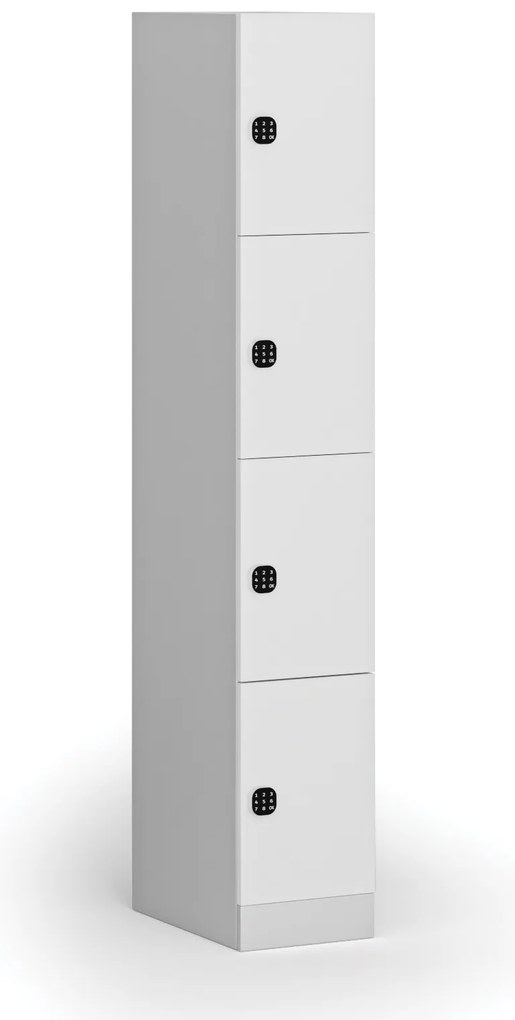 Šatníková skrinka S1 s úložnými boxmi, 4 boxy, 1850 x 300 x 500 mm, kódový zámok, laminované dvere, biela