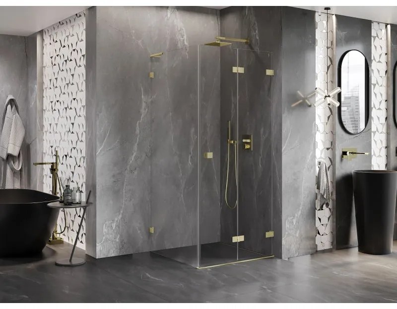 Mexen Lunar-F L, 1-krídlový sprchový kút so skladacími dverami, pravý, 80 x 80 cm, 8mm číre sklo, zlatý matný profil, 836L-080-080-55-00-P