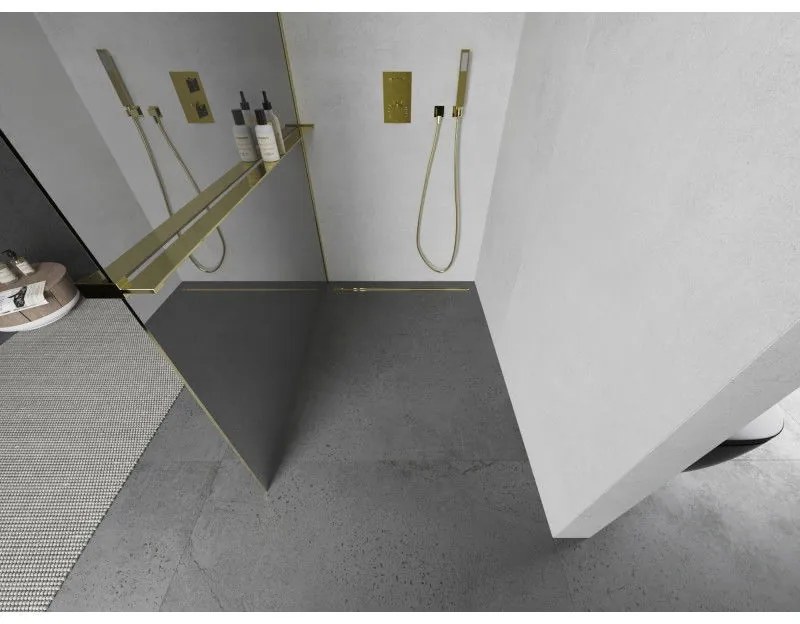 Mexen Kioto+, sprchová zástena s poličkou a držiakom na uteráky 90 x 200 cm, 8mm sklo vzor zrkadlo, zlatý profil, 800-090-121-50-50