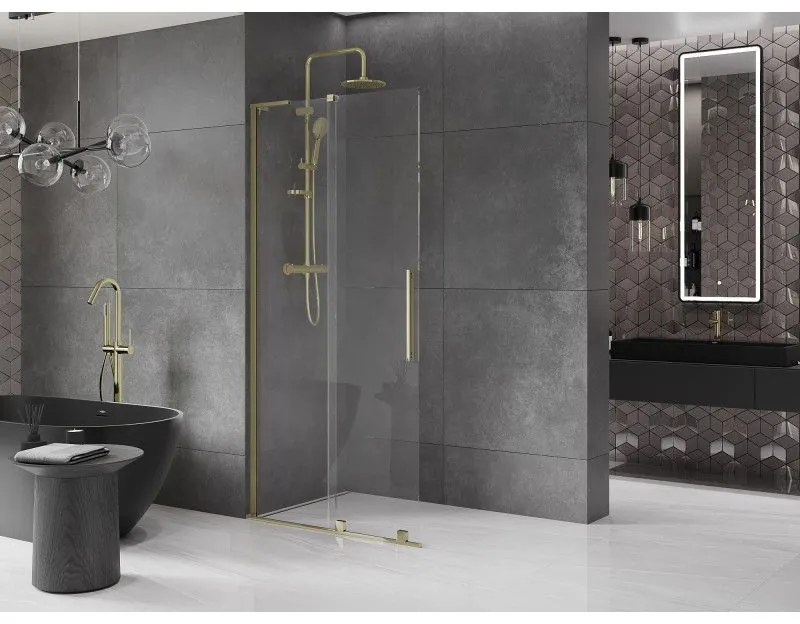 Mexen Velar L, posuvná sprchová zástena Walk-in 120 x 200 cm, 8mm číre sklo, zlatá lesklá, 871-120-003-03-50