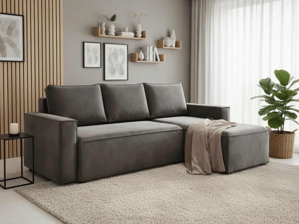 AKCIA Sivá tmavá rozkladacia rohová pohovka CAVELO, obojstranná II. akosť