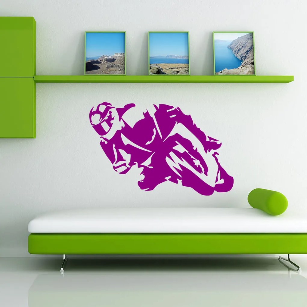 Veselá Stena Samolepka Motorkár Farba: fialová, Veľkosť: 40 x 27 cm