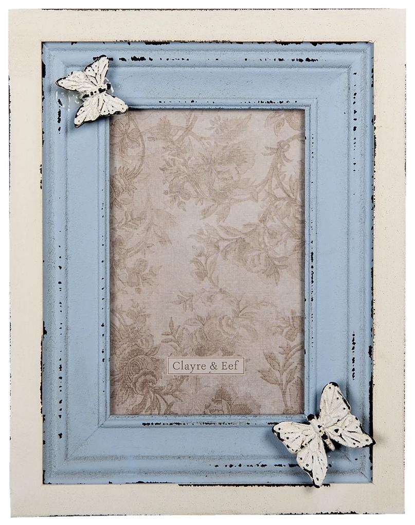 Krémovo-modrý fotorámček s motýľom - 18*3*23 cm / 10*15 cm