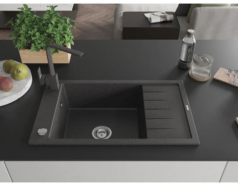 Mexen Elias, granitový drez granitový 795x480x200 mm, 1-komorový, čierna škvrnitá s chrómovým sifónom a čierna škvrtnitá drezová batéria Rita, 6511-76-670300-76