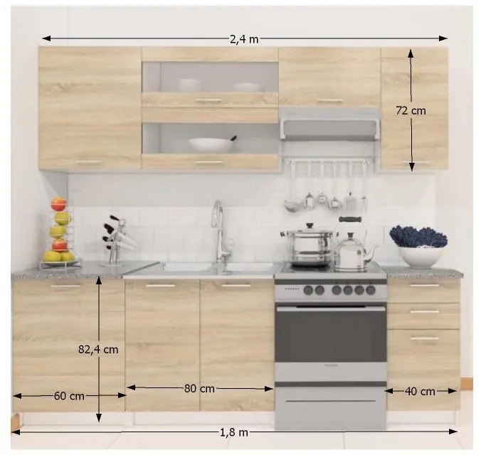 Kondela Kuchynská linka FABIANA, 2,4 m, dub sonoma/biela