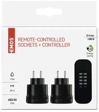 P0067 EMOS 3-set - diaľkovo ovládané zásuvky 2x, diaľkový ovládač 1x, vrátane batérie 1×3V CR2032, IP44, čierna