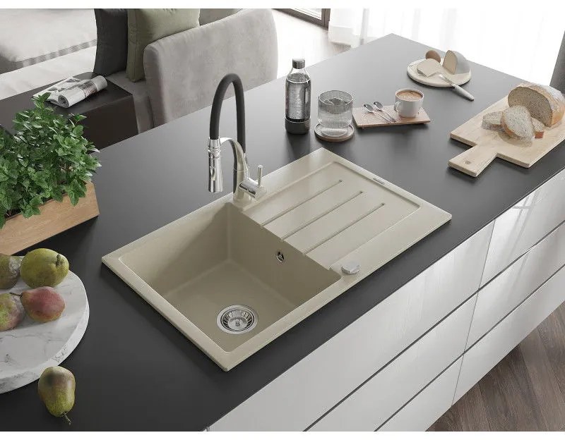 Mexen Bruno, 1-komorový granitový drez 795x495x200 mm a drezová batéria Aster, béžová, 6513-69-73450-07