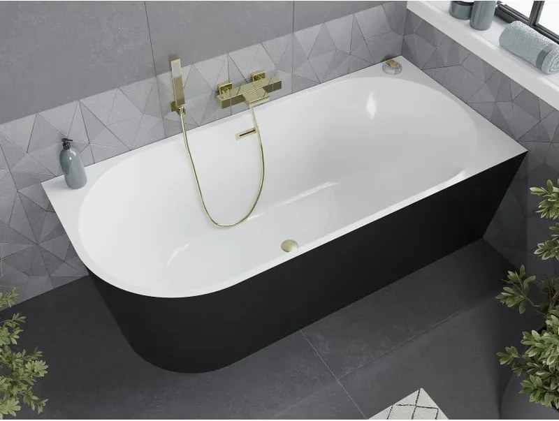 Mexen Mia, voľne stojaca rohová vaňa pravá 140 x 75 cm, biela/čierna, zlatý matný prepad, 52691407575P-55