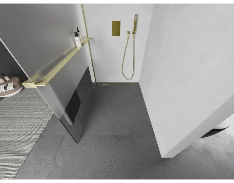 Mexen Kioto+ L, sprchová zástena Walk-In s poličkou a vešiakom 110 x 200 cm, 8mm číre sklo-námraza, zlatý matný profil, 800-110-123-55-35
