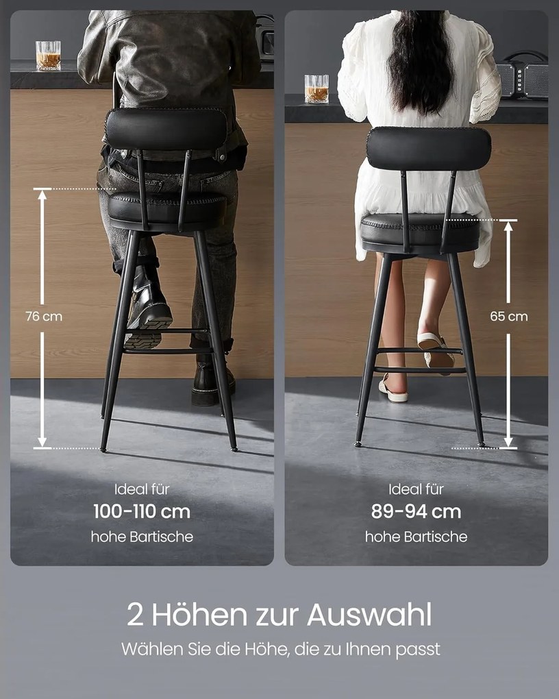 Kolekcia VASAGLE EKHO - Sada 2 ks barových stoličiek, otočné s operadlom, 76 cm, čierne